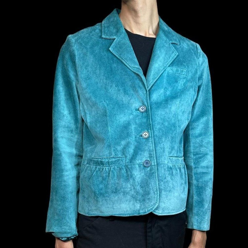 Leather Jacket Vintage Suede Turquoise Blue Boho Biker Coat Cosplay Barbie